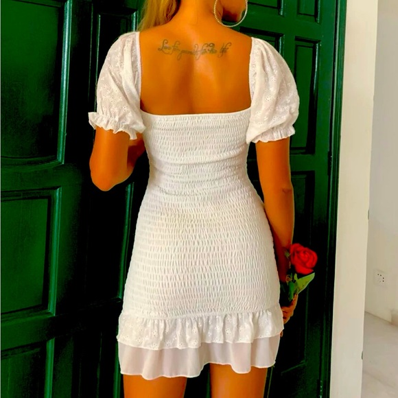 SHEIN Ruffle Trim Shirred Schiffy Dress- Eyelet Embroidery - Picture 3 of 11